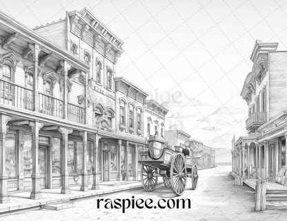 40 Wild West Towns Grayscale Coloring Pages Printable for Adults, PDF File Instant Download