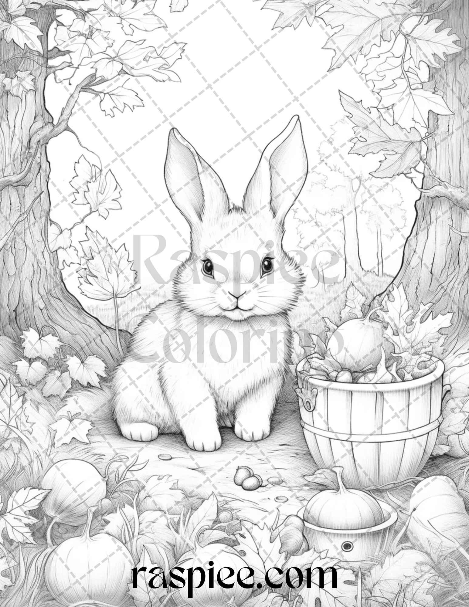 50 Rabbit Garden Grayscale Coloring Pages Printable for Adults, PDF File Instant Download