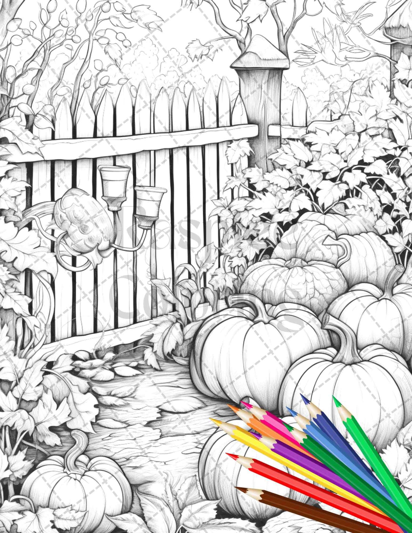 Pumpkin Garden Scenery Grayscale Coloring Pages Printable for Adults, PDF File Instant Download