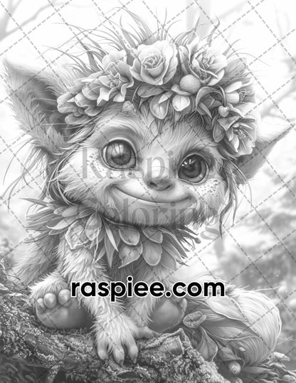 65 Fantasy Little Trolls Grayscale Adult Coloring Pages Printable PDF Instant Download