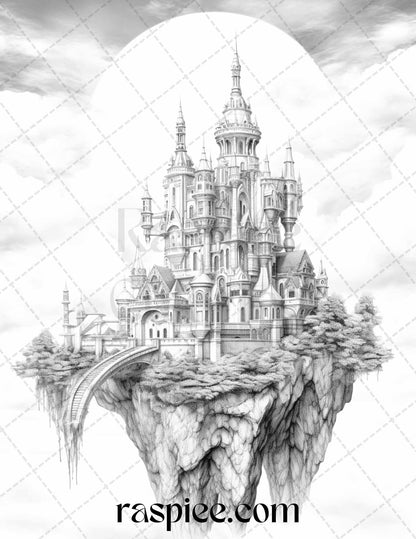 Floating Castle in the Sky Grayscale Coloring Pages for Adults, Printable PDF File Instant Download