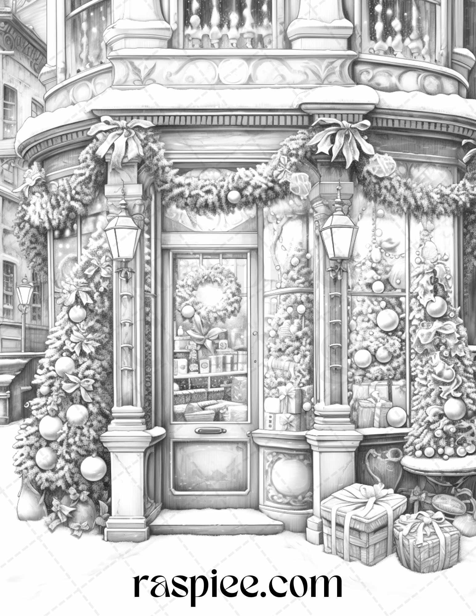 Christmas Store Front Grayscale Coloring Pages for Adults, PDF Printable Instant Download