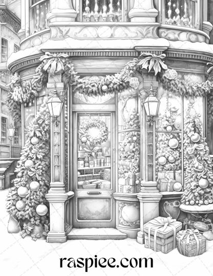 Christmas Store Front Grayscale Coloring Pages for Adults, PDF Printable Instant Download
