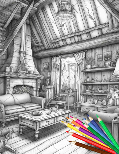 Cozy Cabin Interior Grayscale Coloring Pages Printable for Adults, PDF File Instant Download