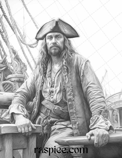 60 Pirate Life Grayscale Coloring Pages Printable for Adults, Stress Relief Coloring, PDF File Instant Download