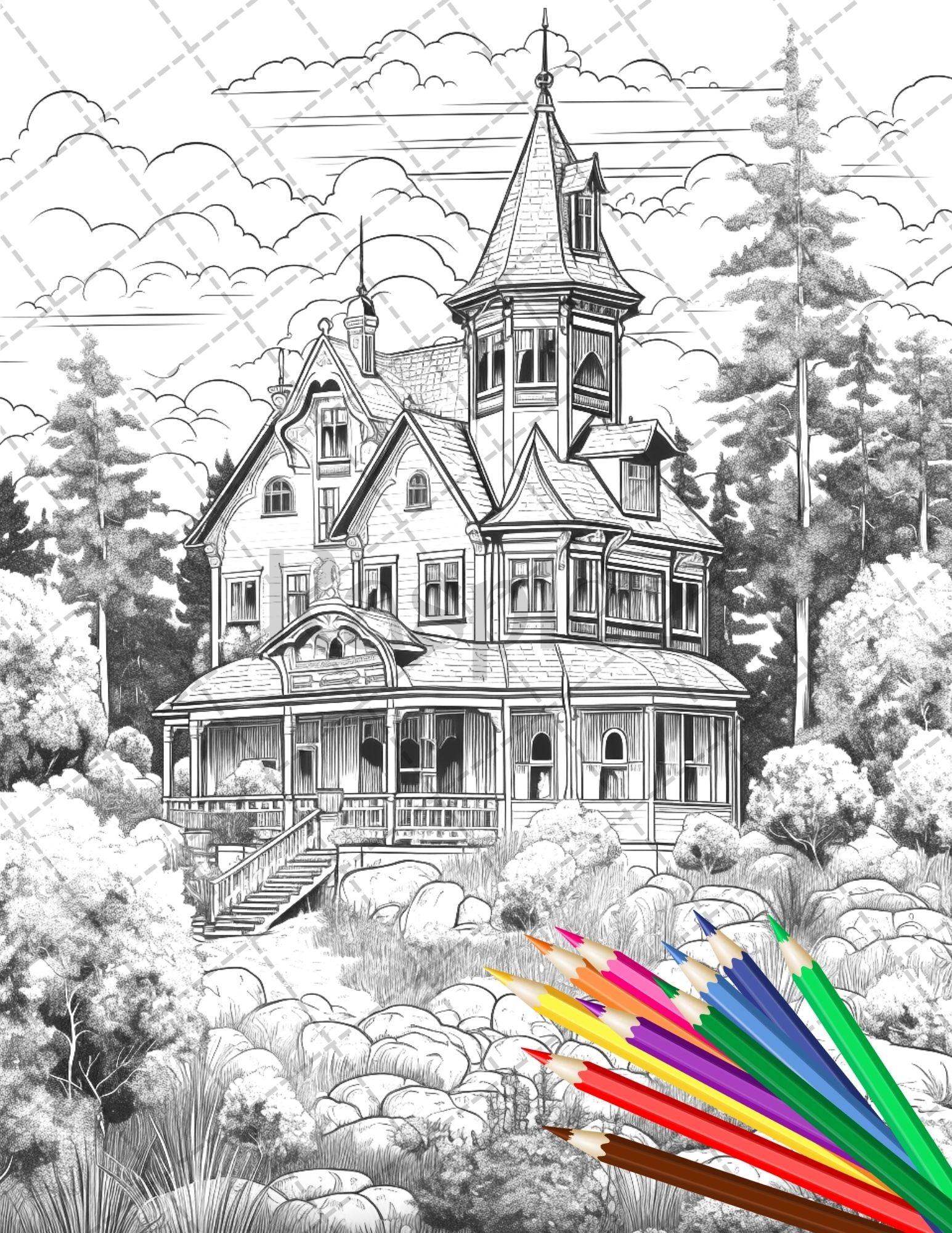 122 Fantasy Castles Coloring Book for Adults, Grayscale Coloring Page, Printable PDF Instant Download