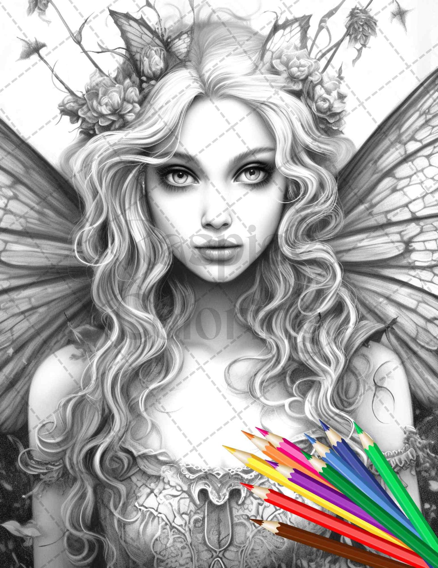 Beautiful Dark Fairy Grayscale Coloring Pages Printable for Adults, PDF File Instant Download