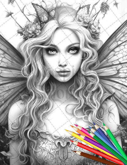Beautiful Dark Fairy Grayscale Coloring Pages Printable for Adults, PDF File Instant Download