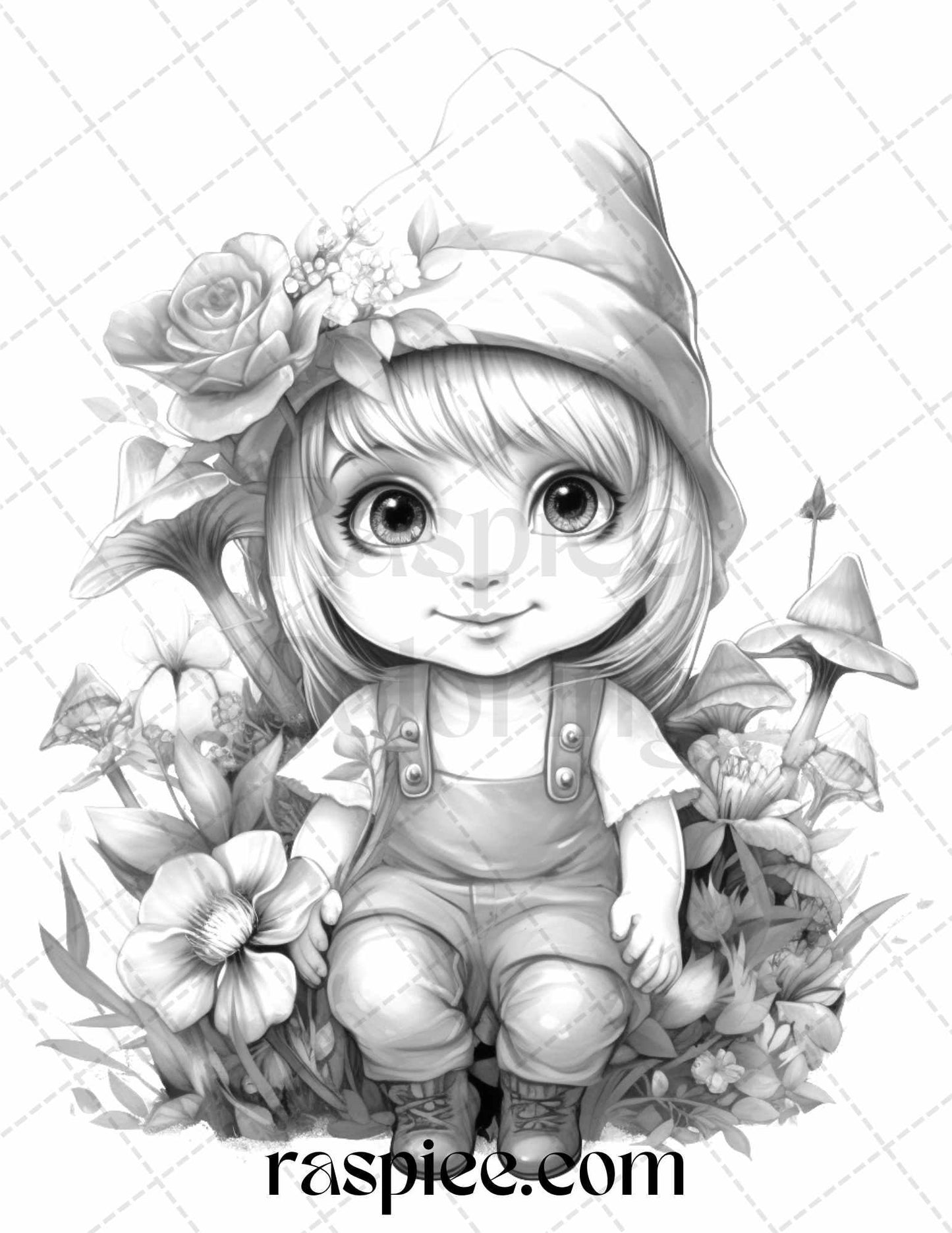 50 Flower Gnomes Grayscale Coloring Pages Printable for Adults Kids, PDF File Instant Download