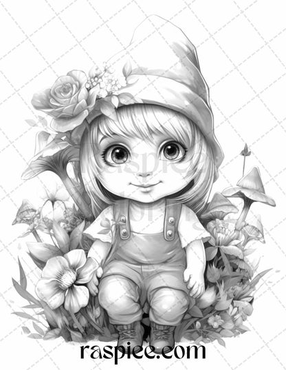 50 Flower Gnomes Grayscale Coloring Pages Printable for Adults Kids, PDF File Instant Download