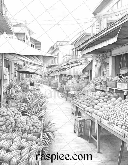 Autumn Street Markets Grayscale Coloring Pages for Adults, Printable PDF File Instant Download