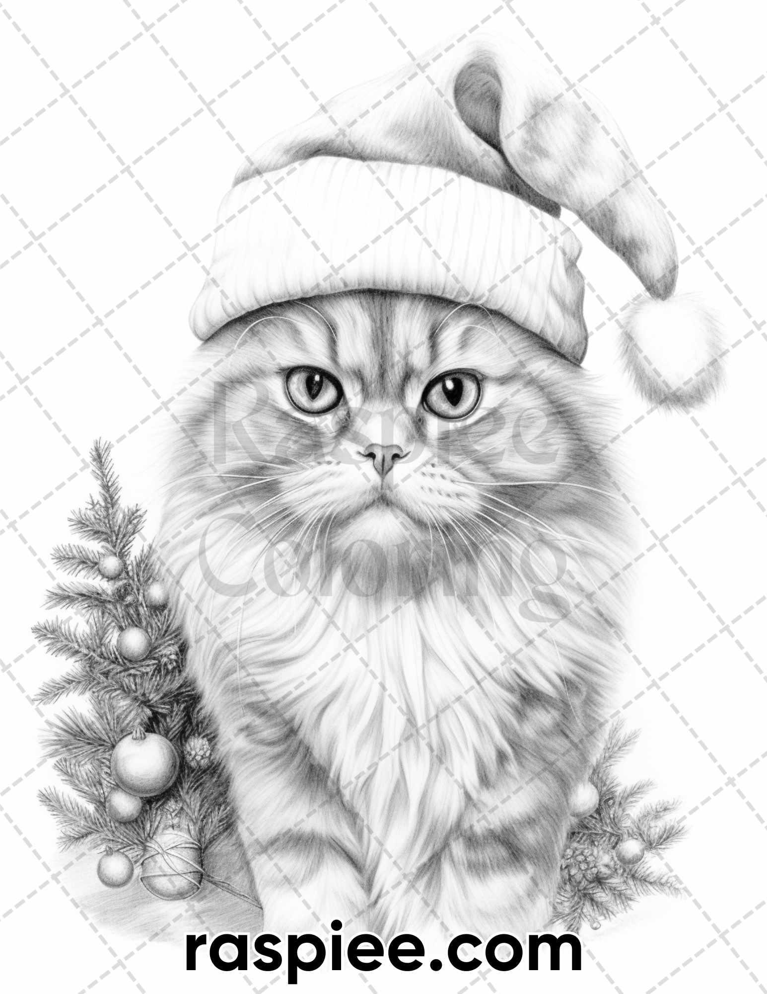 40 Christmas Cats Grayscale Coloring Pages for Adults, Printable PDF Instant Download