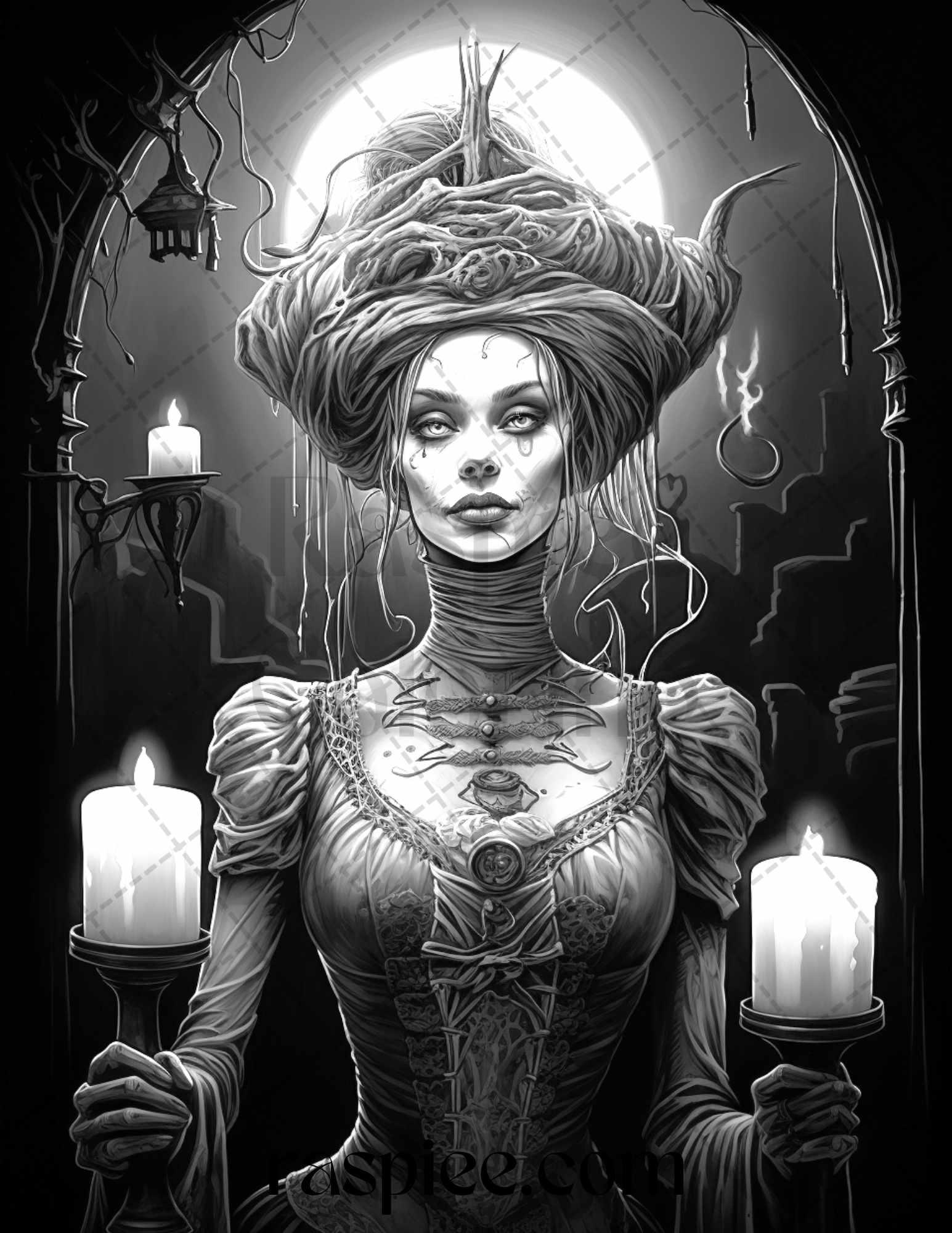 60 Halloween Victorian Era Grayscale Coloring Pages Printable for Adults, PDF File Instant Download