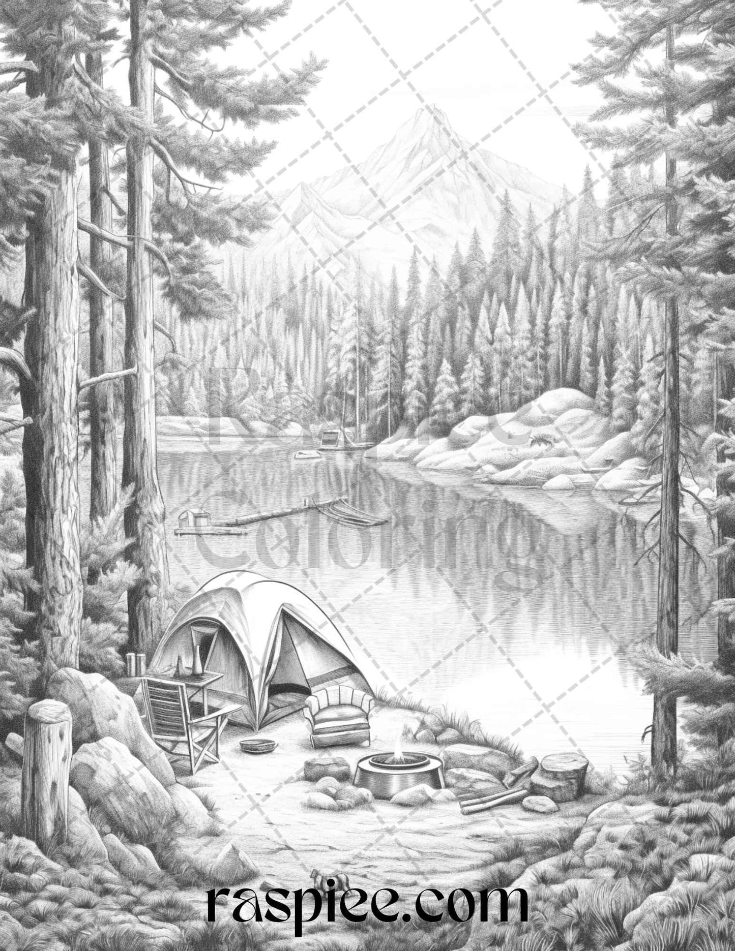 Nature Camping Grayscale Coloring Pages Printable, Relaxing Outdoor Scenes, PDF File Instant Download