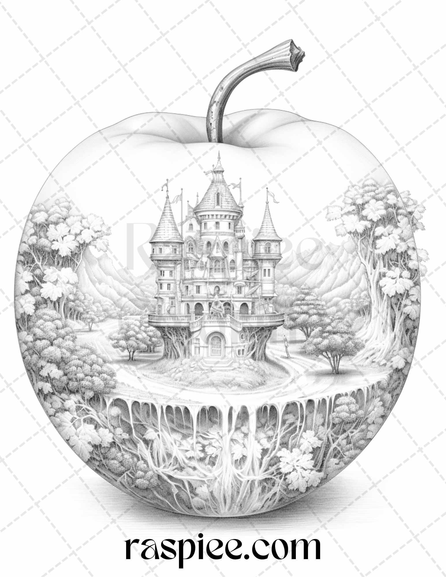 60 Miniworld in the Apple Grayscale Coloring Pages Printable for Adults, PDF File Instant Download