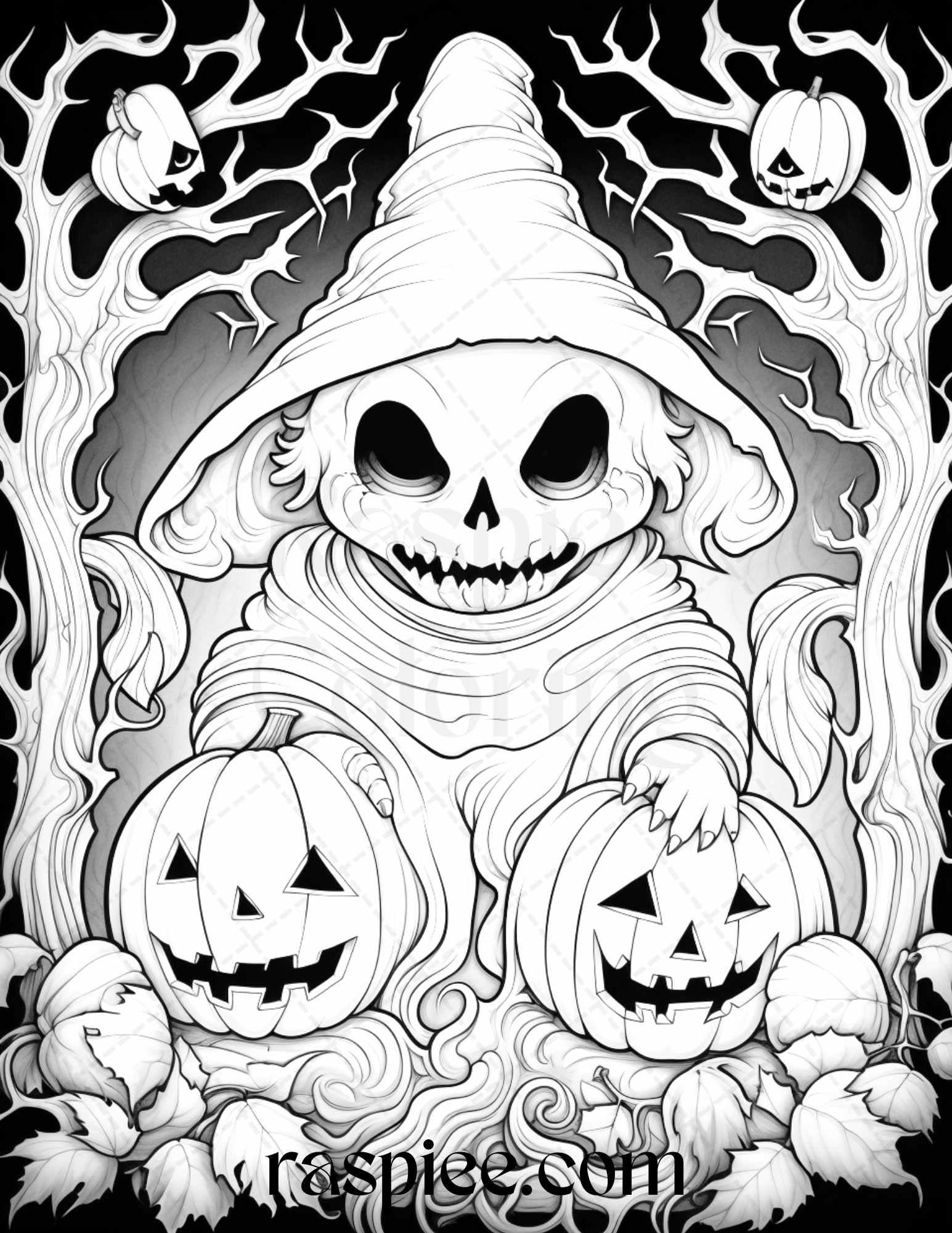 50 Halloween Cute Ghosts Grayscale Coloring Printable for Adults Kids, PDF File Instant Download
