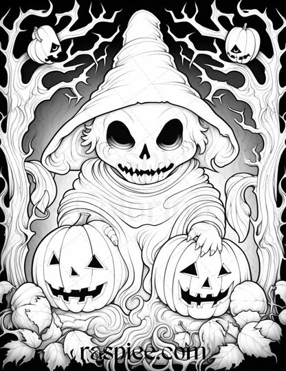 50 Halloween Cute Ghosts Grayscale Coloring Printable for Adults Kids, PDF File Instant Download