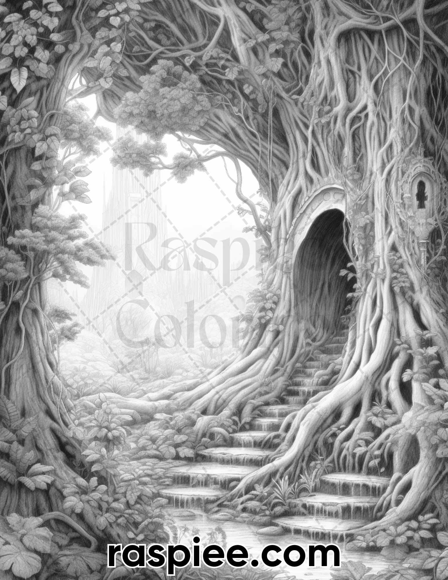 55 Mystical Forest Grayscale Adult Coloring Pages, Printable PDF Instant Download