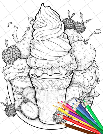 52 Printable Ice Cream Desserts Coloring Pages for Adults and Kids, Grayscale Coloring Page, PDF File Instant Download
