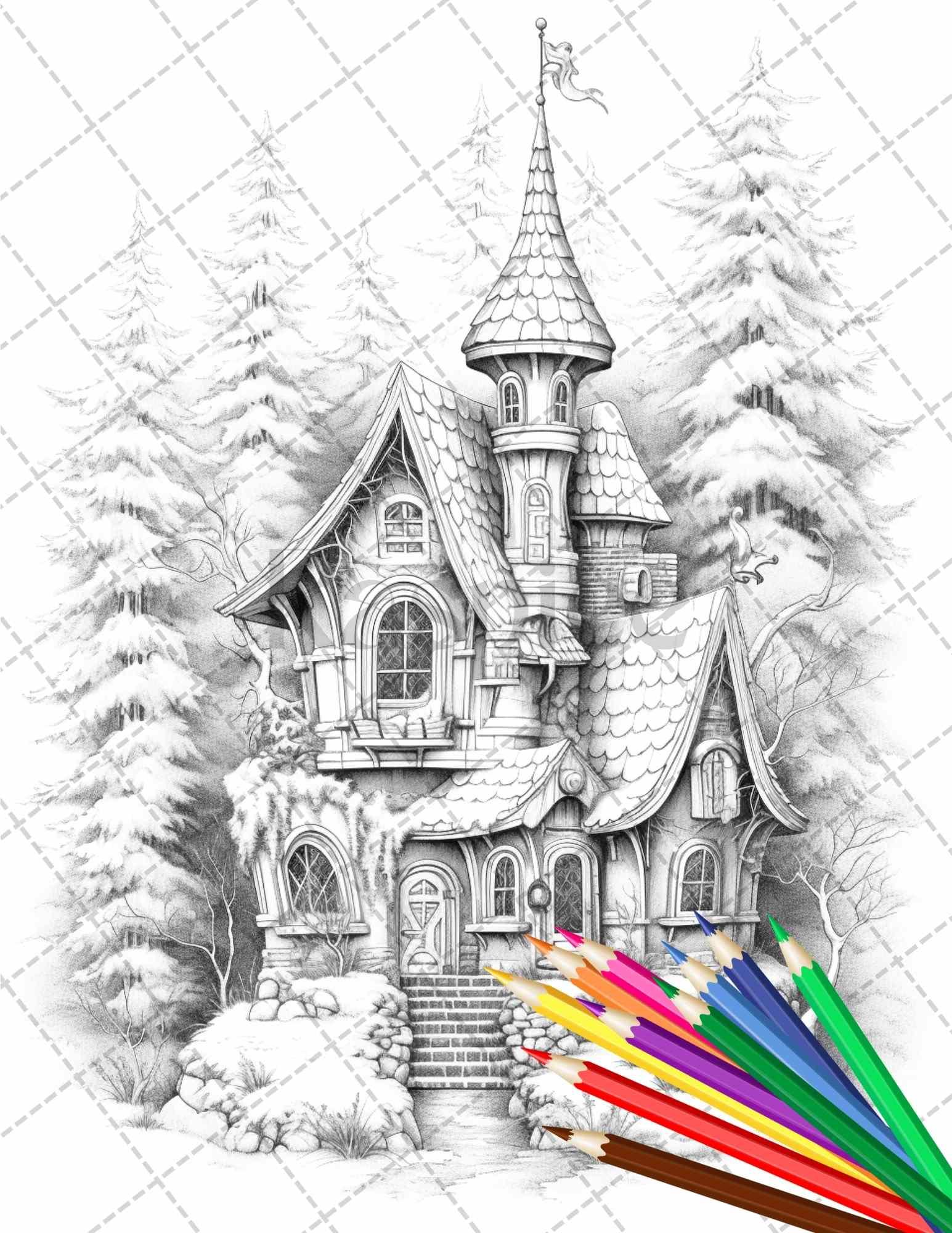 63 Winter Fairy Houses Grayscale Coloring Pages Printable for Adults, PDF File Instant Download