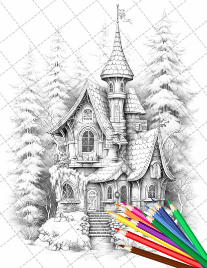 63 Winter Fairy Houses Grayscale Coloring Pages Printable for Adults, PDF File Instant Download
