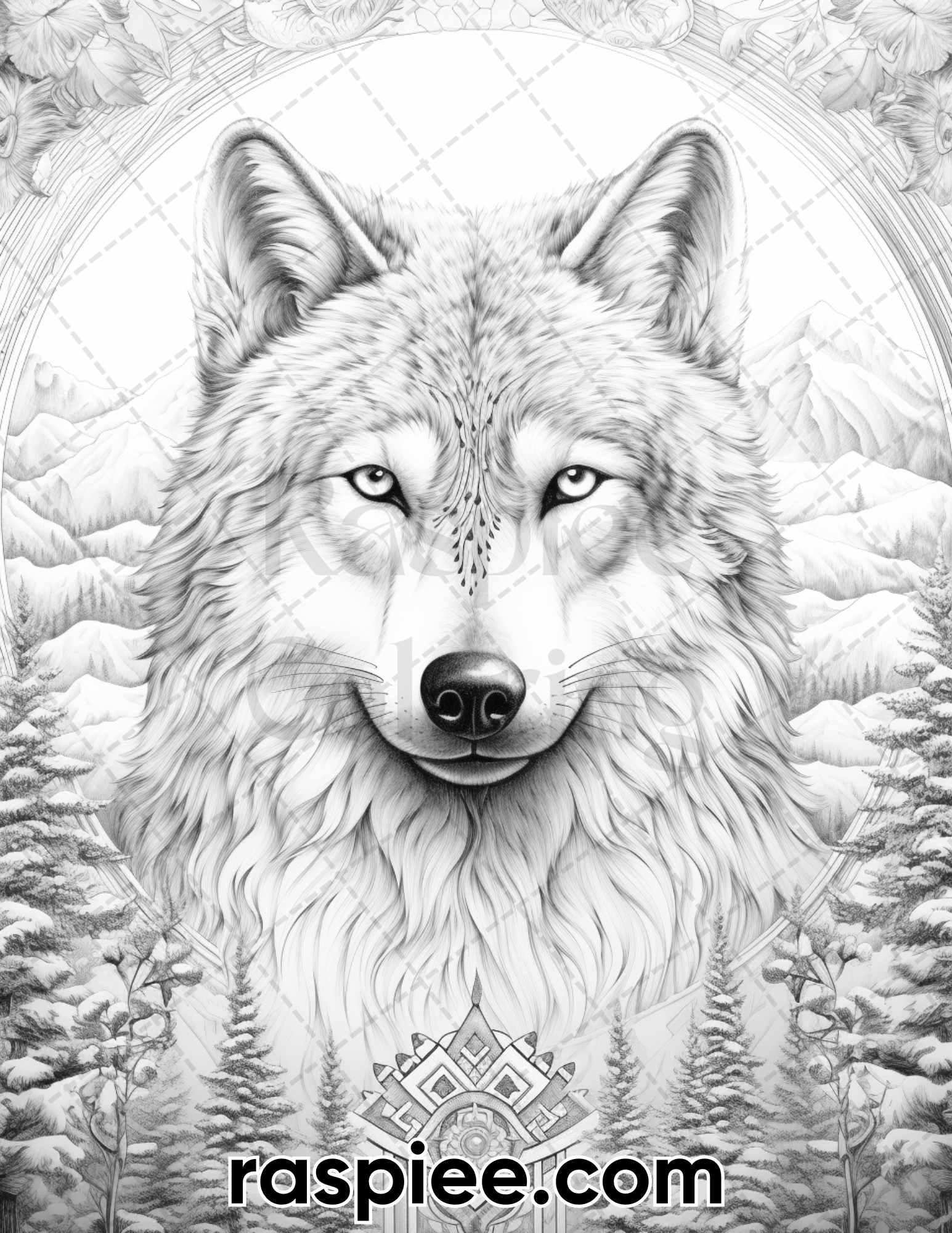50 Winter Wolf Grayscale Coloring Pages for Adults, Printable PDF Instant Download