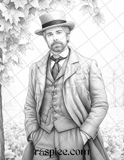 60 Victorian Autumn Portrait Grayscale Coloring Pages Printable for Adults, PDF File Instant Download