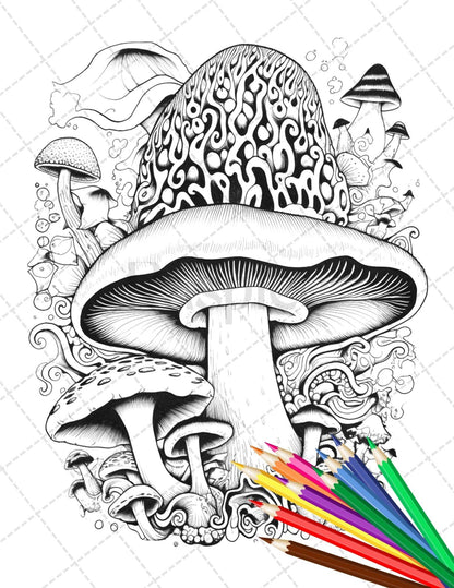 Psychedelic Mushroom Forest Coloring Book Printable for Adults, Trippy Grayscale Coloring Page, PDF File Instant Download