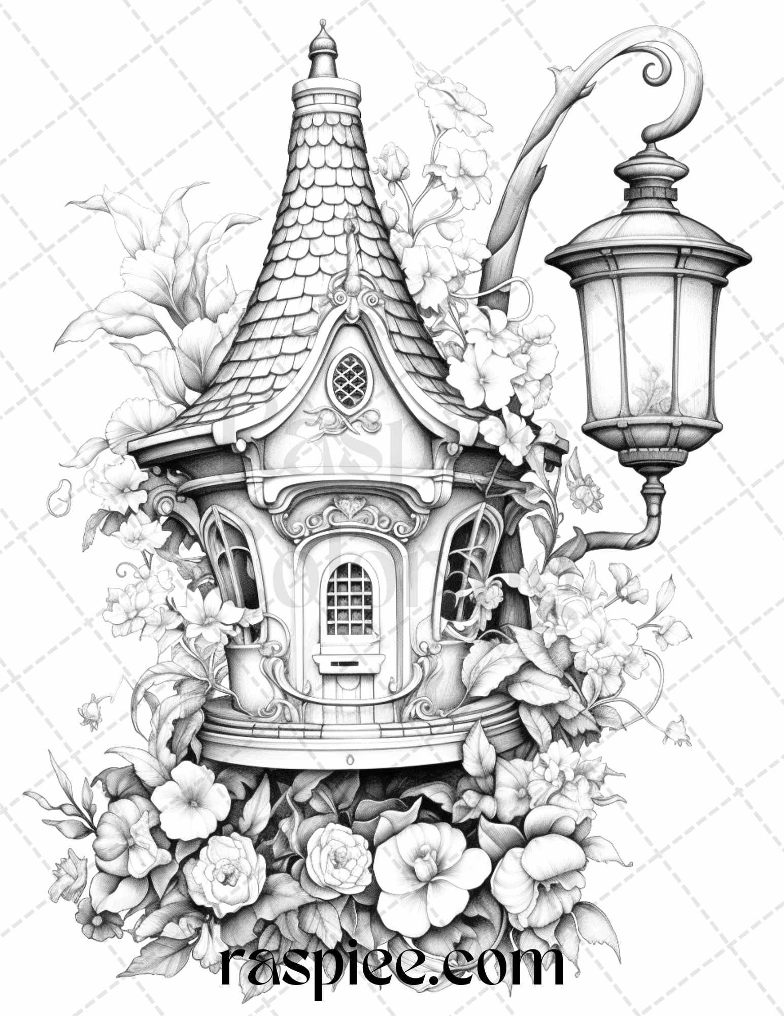 50 Lantern Fairy Houses Grayscale Coloring Pages Printable for Adults, PDF File Instant Download