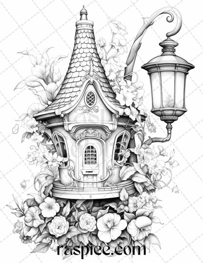 50 Lantern Fairy Houses Grayscale Coloring Pages Printable for Adults, PDF File Instant Download