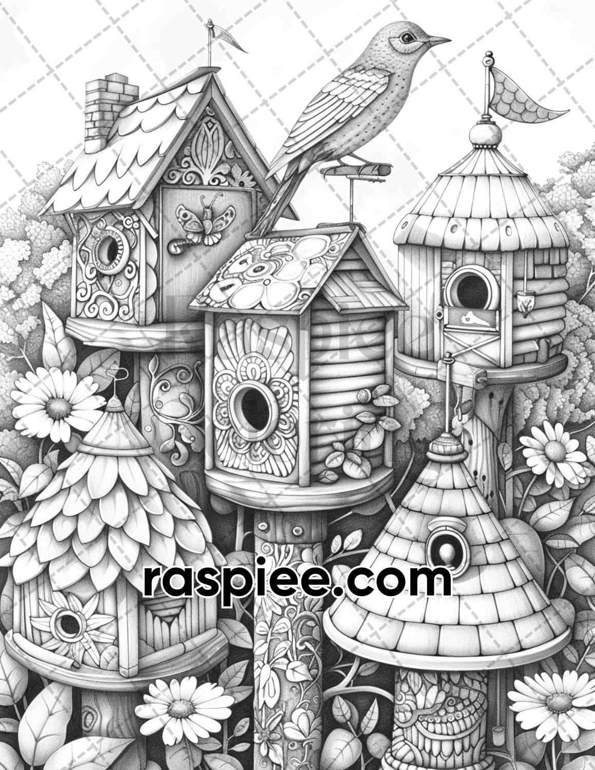 70 Enchanted Birdhouses Grayscale Adult Coloring Pages, Printable PDF Instant Download