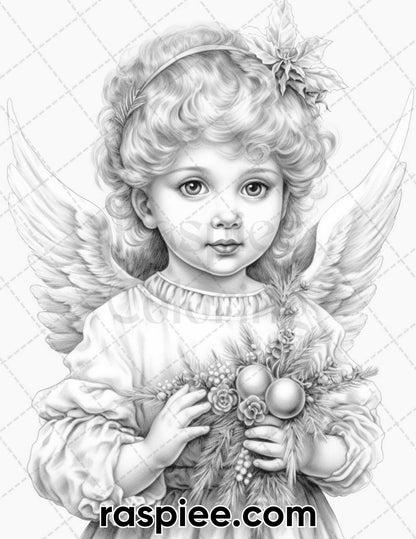 55 Christmas Angel Grayscale Coloring Pages for Adults, Printable PDF Instant Download