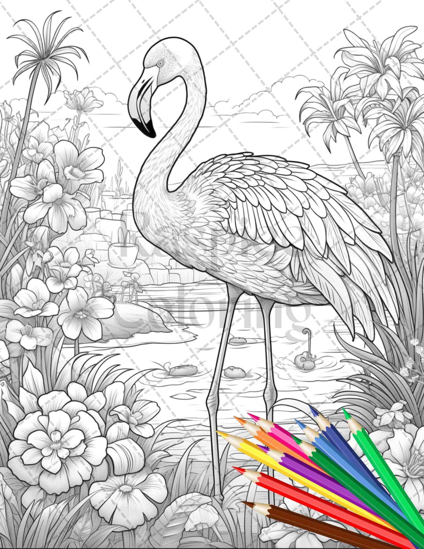 Flamingo Oasis Grayscale Coloring Pages Printable for Adults, PDF File Instant Download