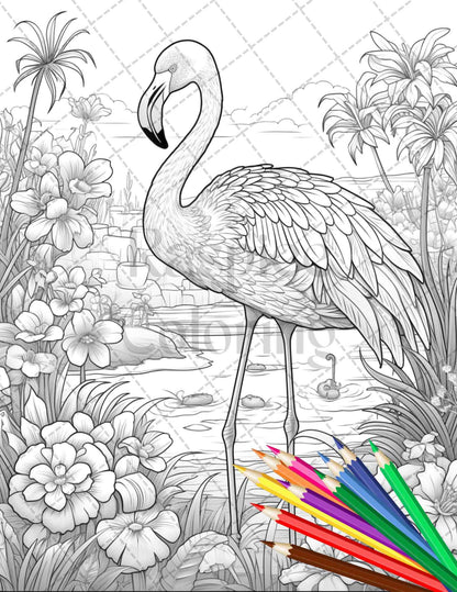 Flamingo Oasis Grayscale Coloring Pages Printable for Adults, PDF File Instant Download