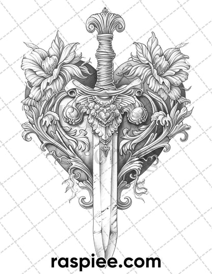 62 Classic American Tattoos Grayscale Adult Coloring Pages, Printable PDF Instant Download