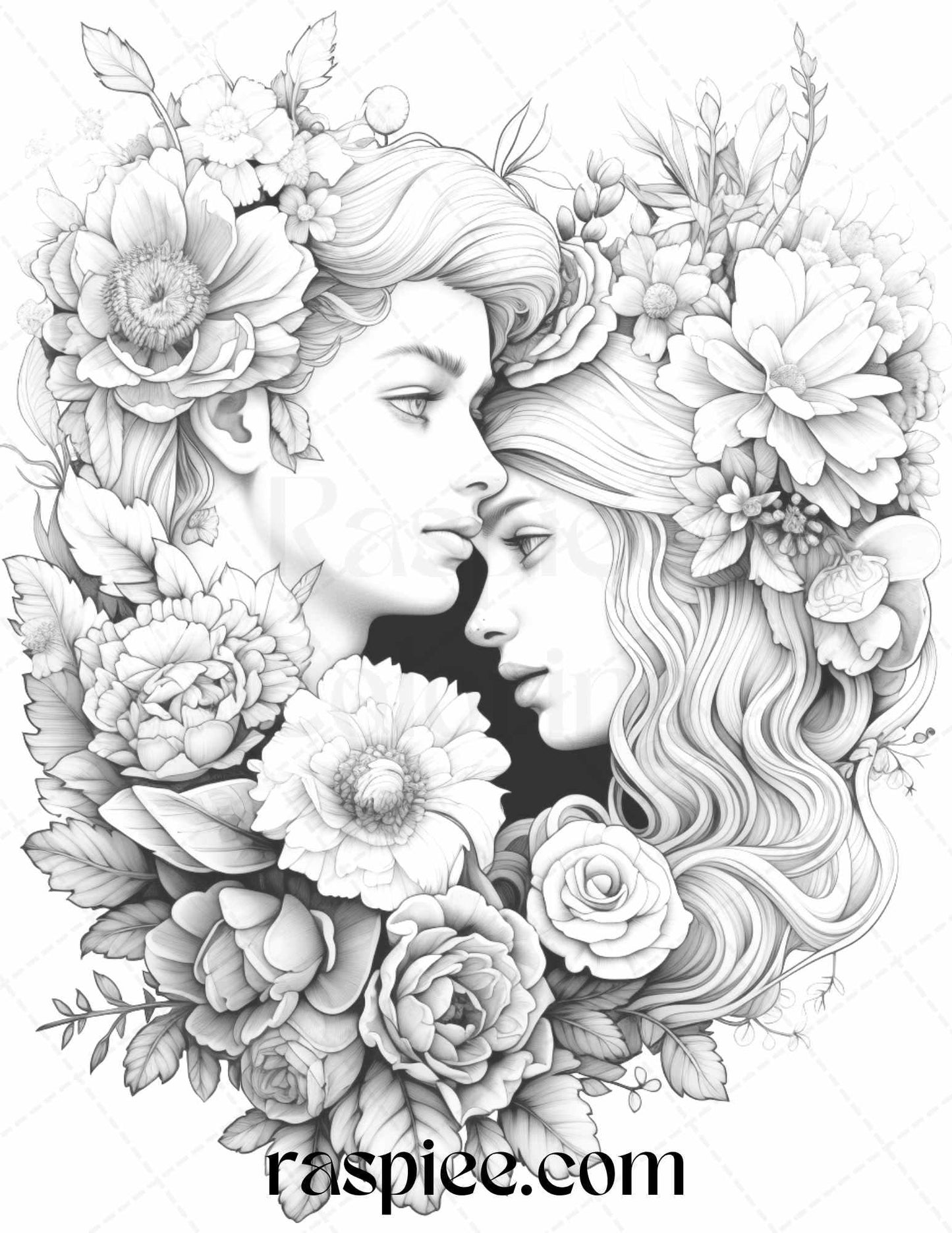 50 Romantic Couple Flowers Grayscale Coloring Pages Printable for Adults, PDF File Instant Download