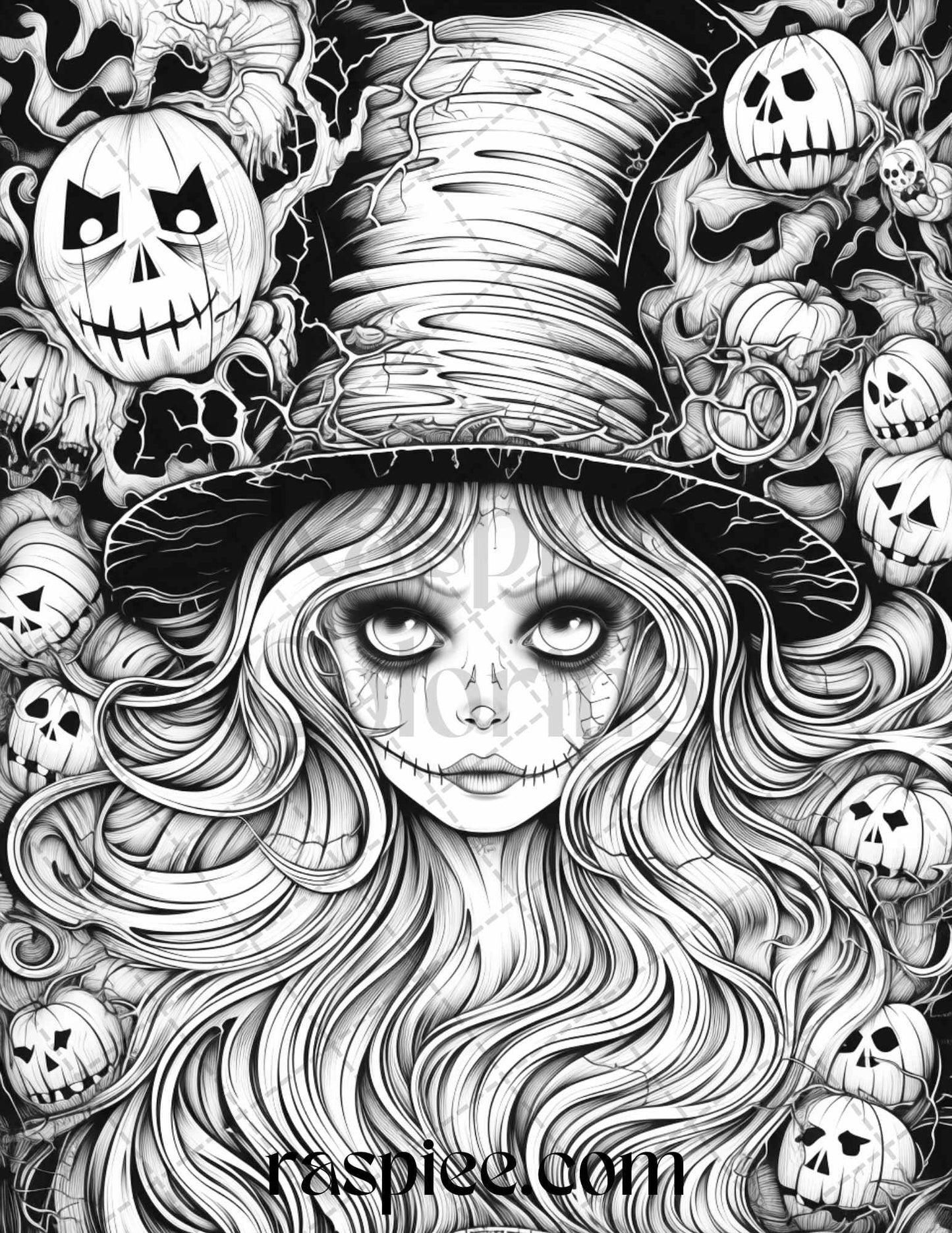 50 Spooky Miss Nightmare Grayscale Coloring Pages Printable for Adults, PDF File Instant Download