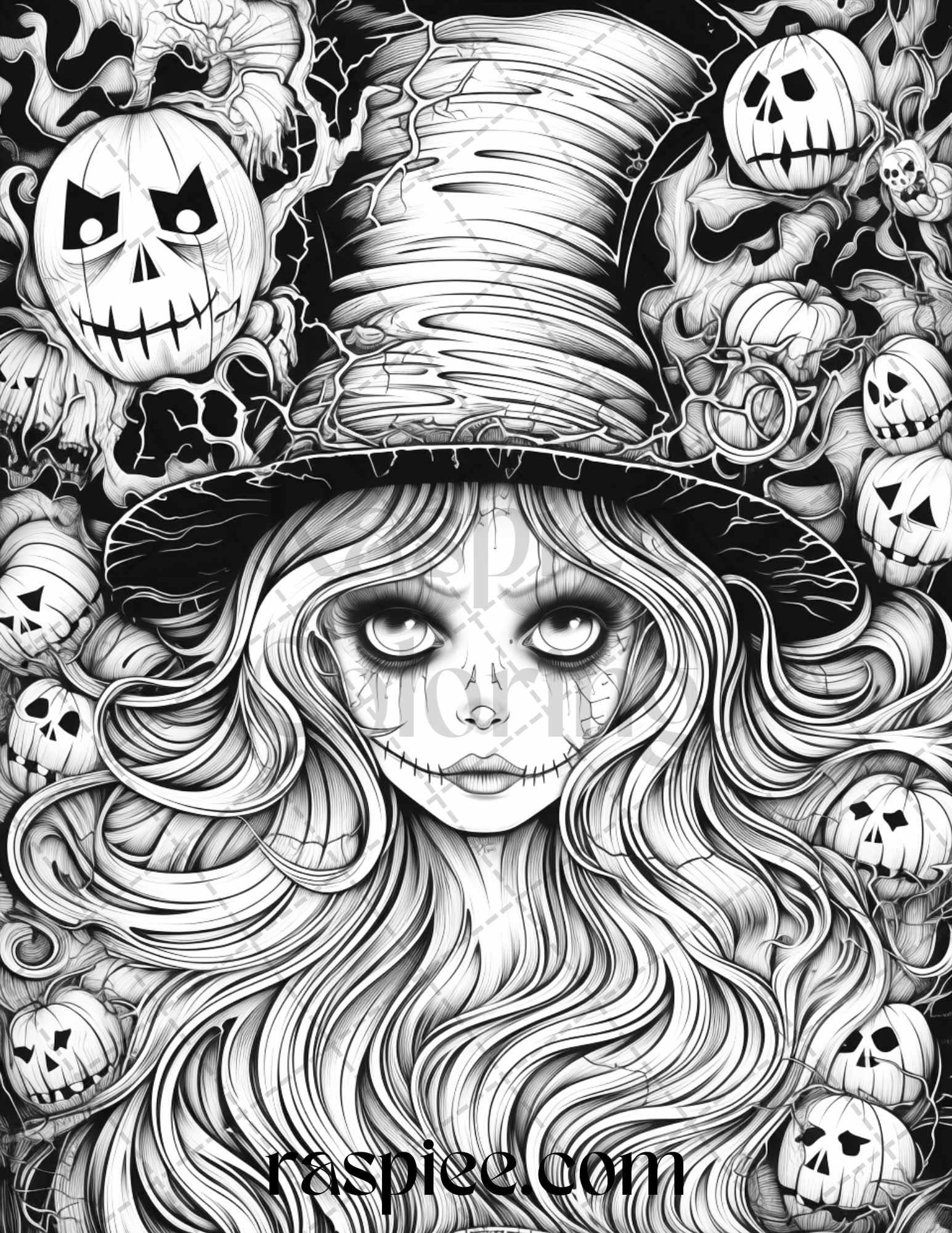 50 Spooky Miss Nightmare Grayscale Coloring Pages Printable for Adults, PDF File Instant Download