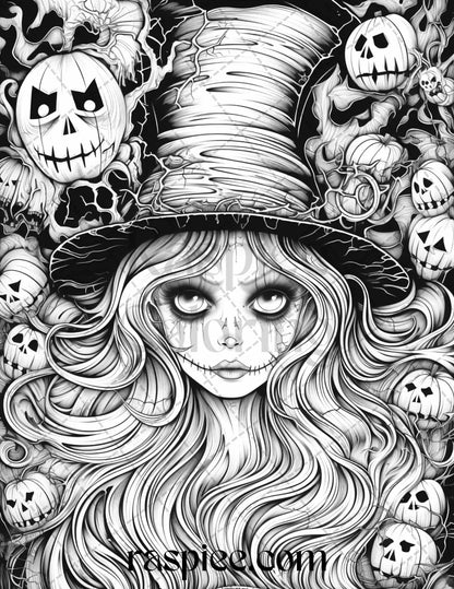50 Spooky Miss Nightmare Grayscale Coloring Pages Printable for Adults, PDF File Instant Download
