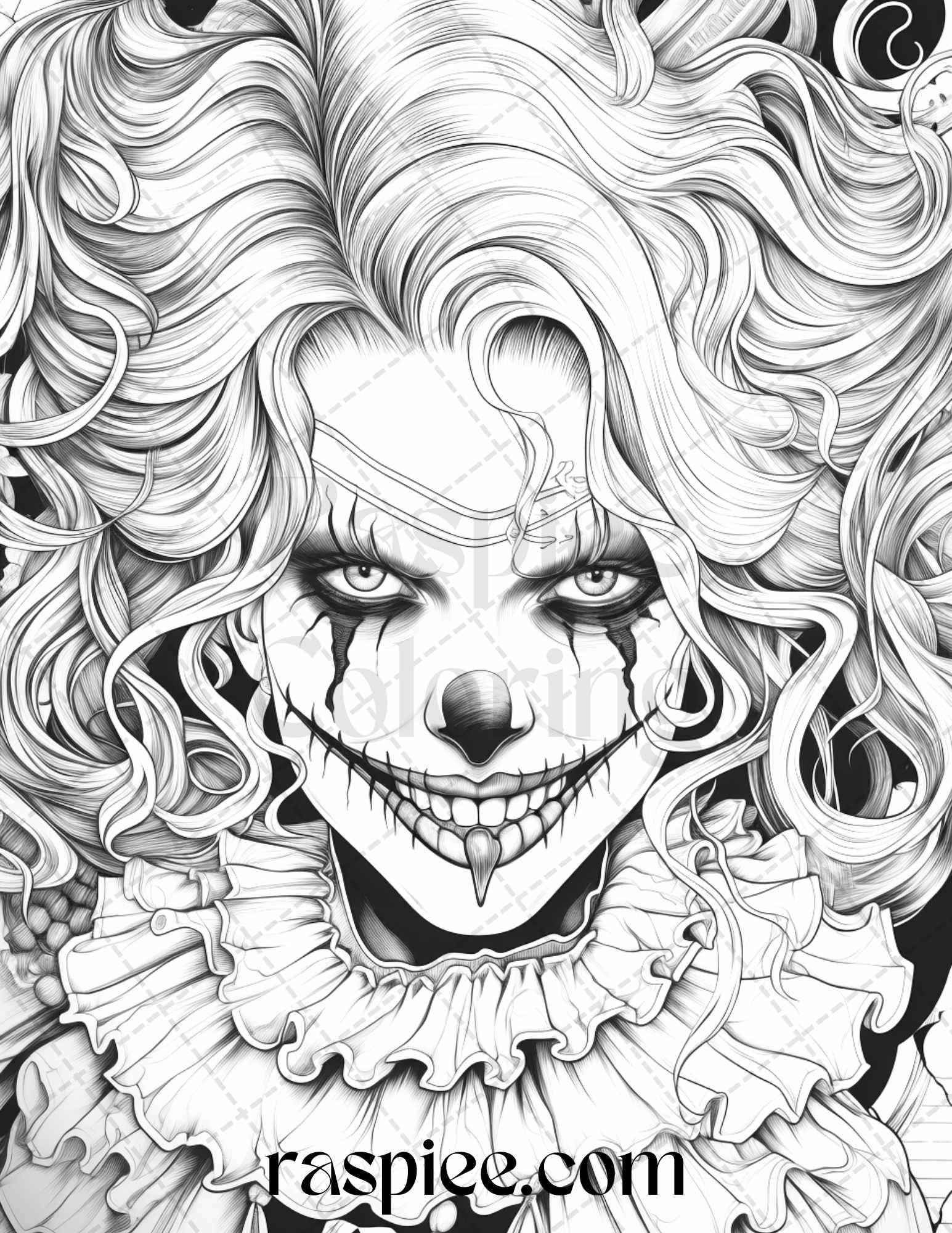 50 Scary Clown Girls Grayscale Coloring Pages Printable for Adults, PDF File Instant Download