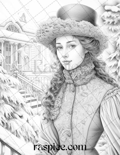 60 Victorian Winter Portrait Grayscale Coloring Pages Printable for Adults, PDF File Instant Download