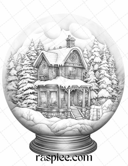 Cozy Cabin in Snow Globe Grayscale Coloring Pages Printable for Adults, PDF File Instant Download