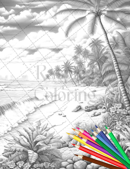 Beautiful Tropical Beach Grayscale Coloring Pages Printable for Adults, PDF File Instant Download