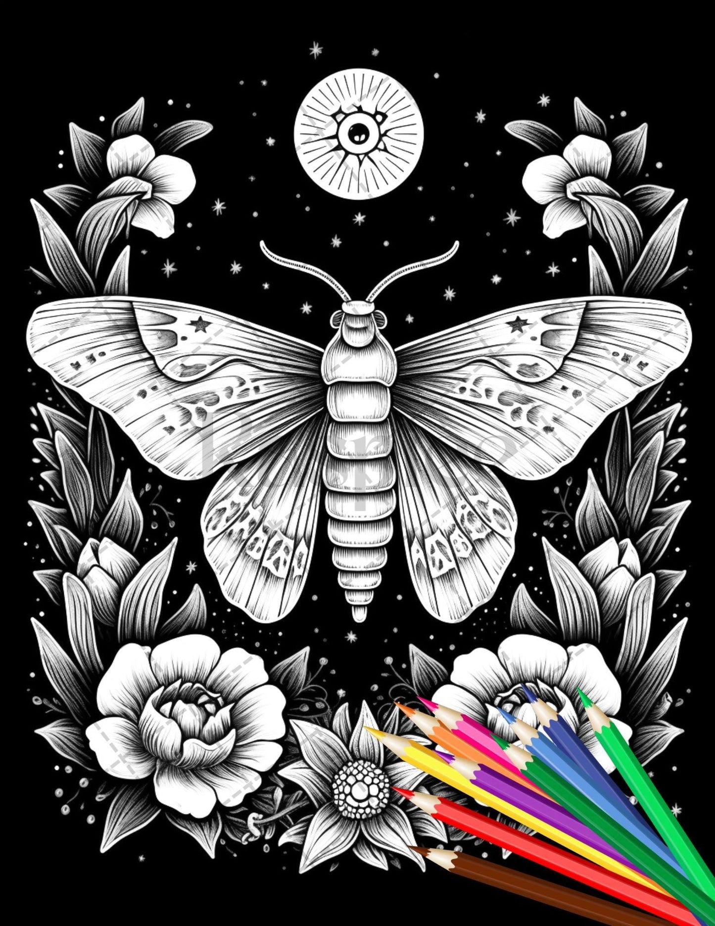 32 Beautiful Moths and Floral Coloring Book for Adults, Grayscale Coloring Page, Printable PDF Instant Download