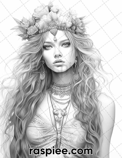 60 Bohemian Beauties Grayscale Coloring Pages for Adults, Printable PDF Instant Download