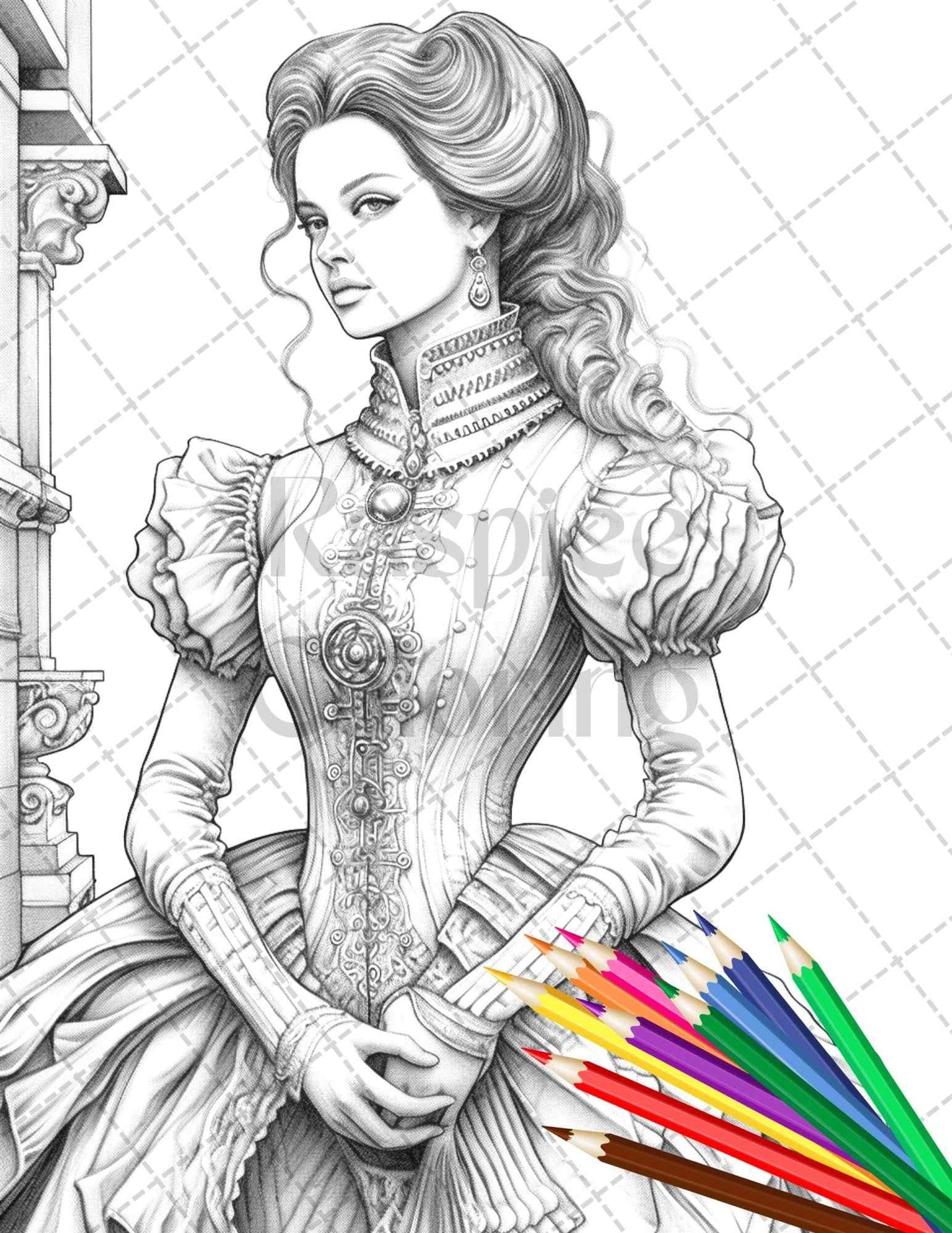 50 Victorian Fashion Grayscale Coloring Pages Printable for Adults, PDF File Instant Download