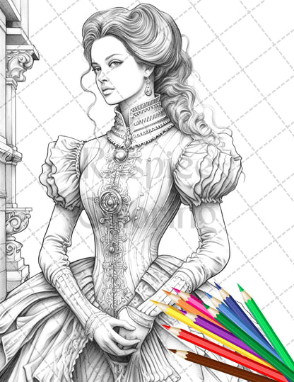 50 Victorian Fashion Grayscale Coloring Pages Printable for Adults, PDF File Instant Download