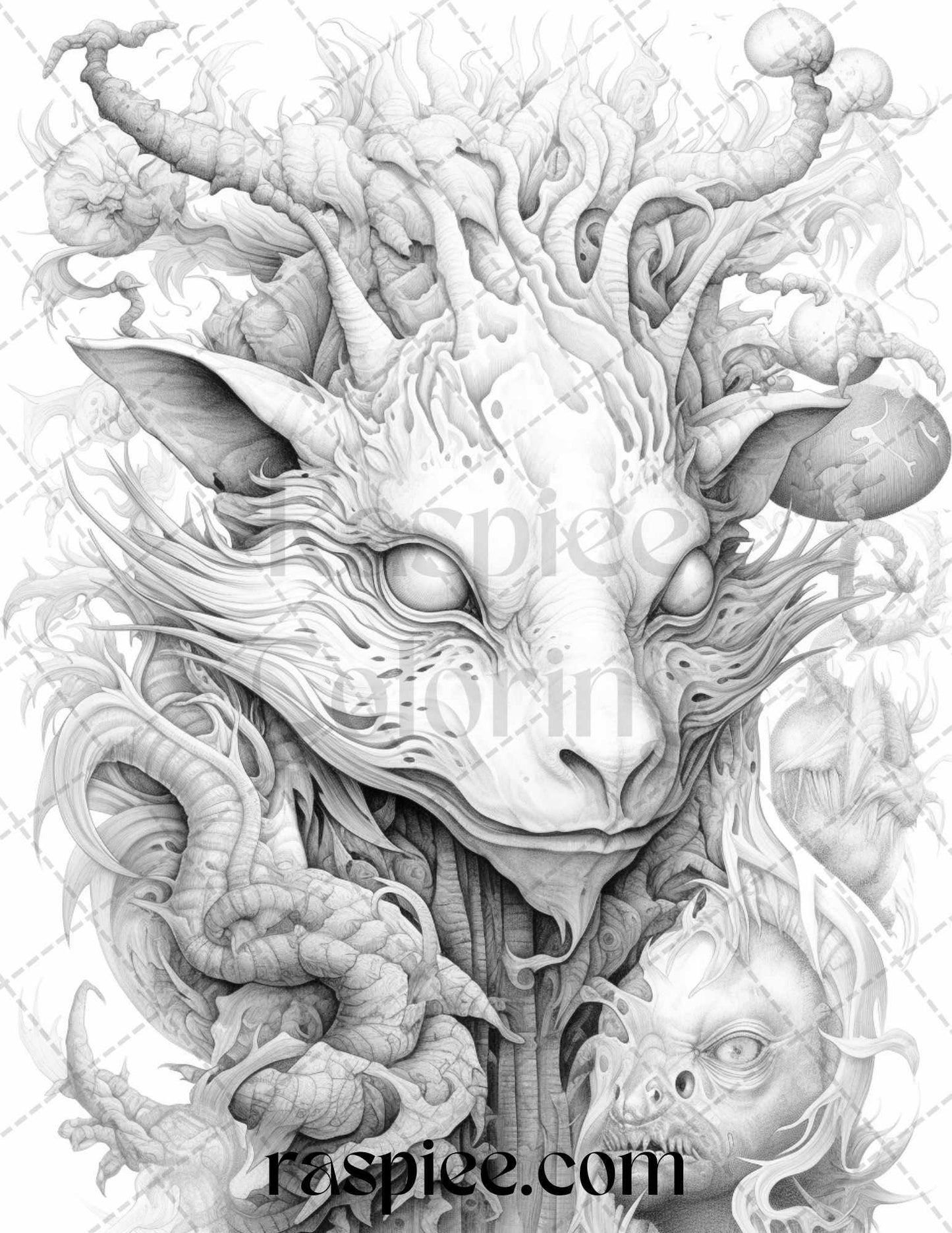 53 Surreal Creatures Grayscale Coloring Pages for Adults, Printable PDF File Instant Download