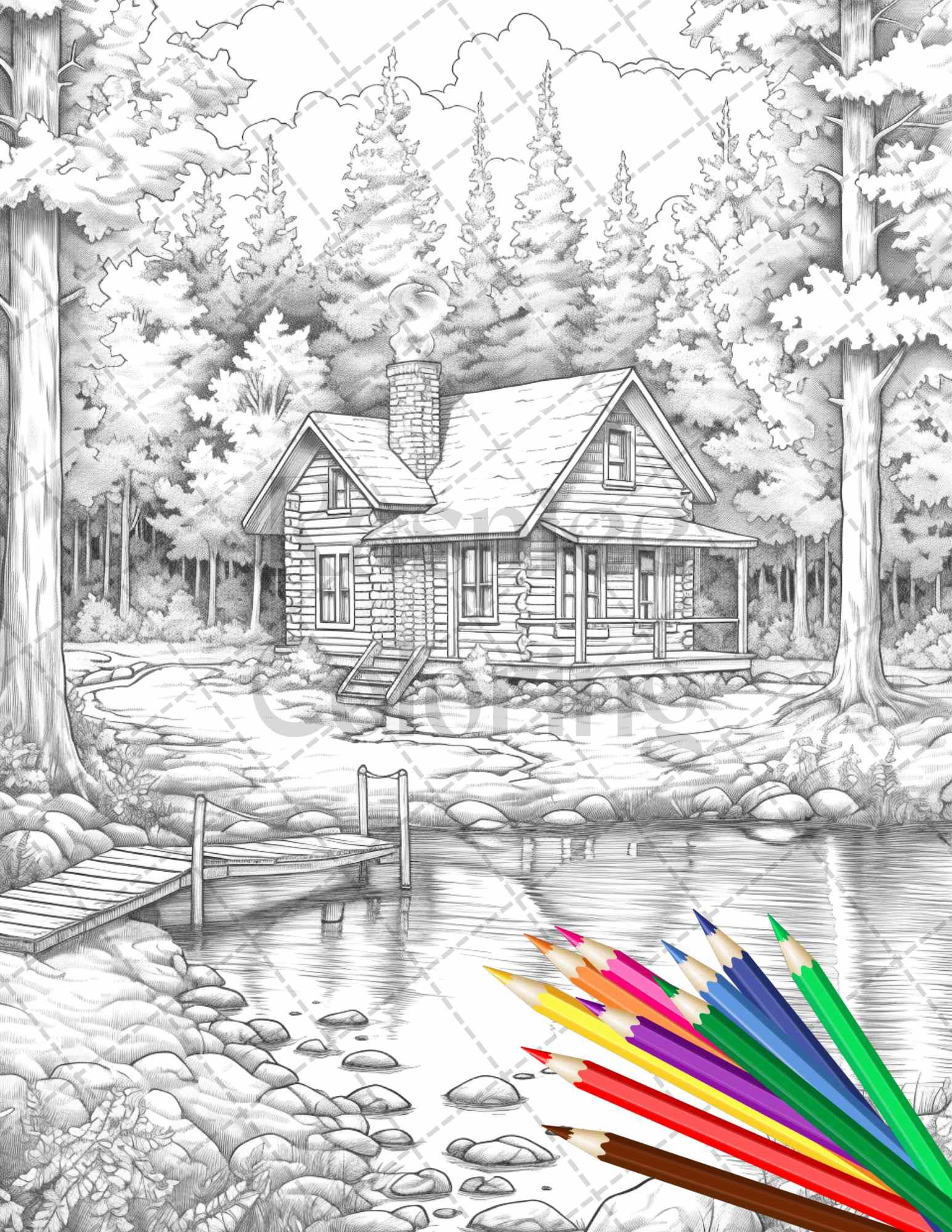 Lake Cabin Scenery Grayscale Coloring Pages Printable for Adults, PDF File Instant Download