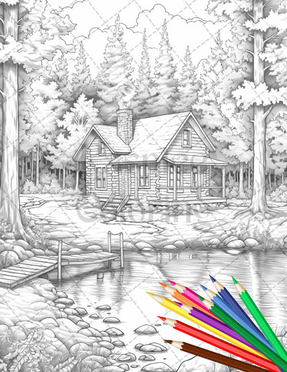 Lake Cabin Scenery Grayscale Coloring Pages Printable for Adults, PDF File Instant Download